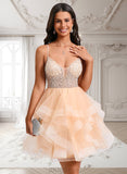 Coral Ball-Gown/Princess V-Neck Short Tulle Homecoming Dress With Beading Sequins JLP0025646