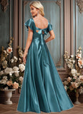 Reyna A-line V-Neck Floor-Length Stretch Satin Bridesmaid Dress With Ruffle JLP0025780