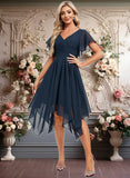 Maritza A-line V-Neck Asymmetrical Chiffon Bridesmaid Dress With Ruffle JLP0025804