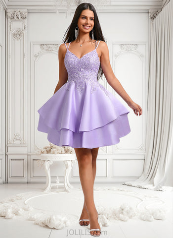 Kiera A-line V-Neck Short Satin Homecoming Dress With Appliques Lace JLP0025692