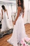 Sweep train A-line Ivory Lace V-neck Appliques Sleeveless Evening Dress Prom Dresses JS849