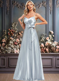 Madalyn A-line V-Neck Floor-Length Stretch Satin Bridesmaid Dress JLP0025795