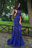 Royal Blue Trumpet Sweep Train Jewel Neck Sleeveless Keyhole Back Beading Prom Dresses