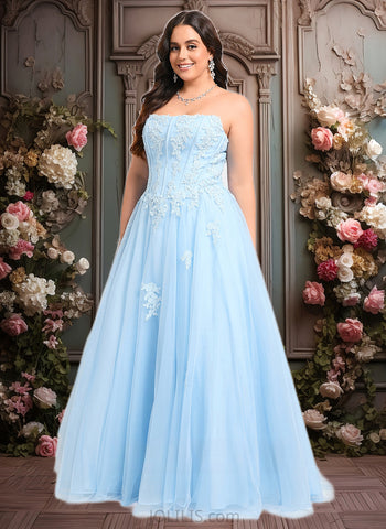 Barbara Ball-Gown/Princess Straight Sweep Train Tulle Prom Dresses With Sequins Appliques Lace JLP0025864