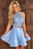 Skye Blue Two Piece A Line Halter Sleeveless Appliques Short Homecoming Dresses