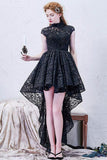 A-line High Neck Asymmetrical Lace Black Open Back High Low Modern Prom Dresses JS778