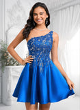 Hana A-line One Shoulder Short Satin Homecoming Dress With Appliques Lace Sequins JLP0025657