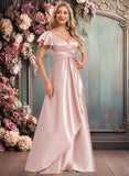 Yazmin A-line V-Neck Floor-Length Stretch Satin Bridesmaid Dress With Ruffle JLP0025787