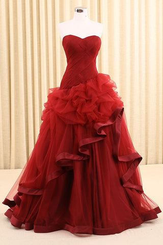 Red A Line Floor Length Sweetheart Strapless Sleeveless Mid Back Ruffles Prom Dresses