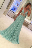 Mint A Line Sweep Train Deep V Neck Sleeveless Prom Dresses