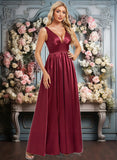 Kayley A-line V-Neck Floor-Length Stretch Satin Bridesmaid Dress JLP0025771