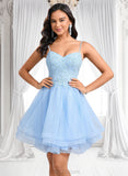 Lara A-line V-Neck Short Lace Tulle Homecoming Dress With Rhinestone Sequins JLP0025658