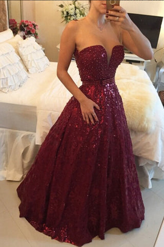 Burgundy A Line Floor Length Deep V Neck Sparkle Prom Dresses