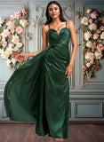 Makena A-line V-Neck Floor-Length Stretch Satin Bridesmaid Dress JLP0025745