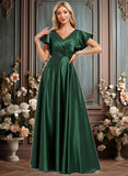 Leanna A-line V-Neck Floor-Length Satin Bridesmaid Dress With Ruffle JLP0025777