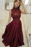 Burgundy Satin A-line Sleeveless High Neck Long Prom Dresses