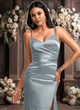 Paityn A-line V-Neck Floor-Length Stretch Satin Bridesmaid Dress JLP0025728