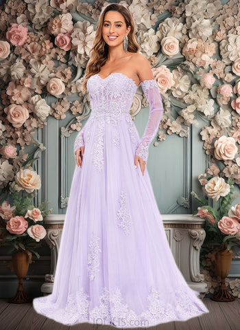 Briley A-line Sweetheart Sweep Train Tulle Prom Dresses With Sequins Appliques Lace JLP0025856