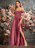 Gabriela A-line Off the Shoulder Floor-Length Satin Lace Prom Dresses With Sequins JLP0025841