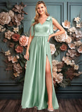 Aileen A-line V-Neck Floor-Length Stretch Satin Bridesmaid Dress With Bow JLP0025737