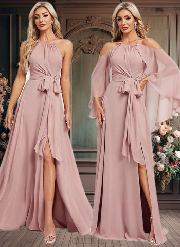 Lexi A-line Halter Floor-Length Chiffon Bridesmaid Dress JLP0025821