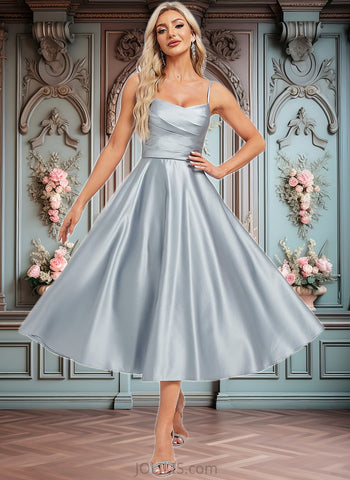 Paris A-line V-Neck Tea-Length Satin Bridesmaid Dress JLP0025794