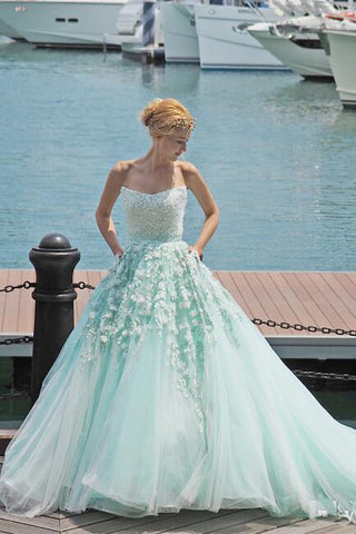 Mint Green Sleeveless Appliques Ball Gown Court Train Beading Long Prom Dresses