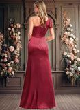 Abbey A-line One Shoulder Floor-Length Stretch Satin Bridesmaid Dress With Bow JLP0025758