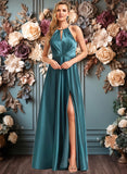 Toni A-line Halter Floor-Length Stretch Satin Bridesmaid Dress JLP0025731