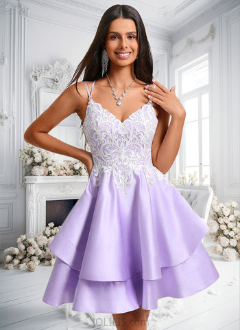 Daniela A-line V-Neck Short Satin Homecoming Dress With Appliques Lace JLP0025696