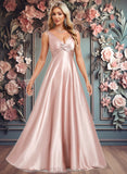 Millicent A-line V-Neck Floor-Length Stretch Satin Bridesmaid Dress JLP0025779