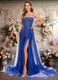 Hailee Trumpet/Mermaid Straight Sweep Train Tulle Sequin Prom Dresses With Sequins Appliques Lace JLP0025857