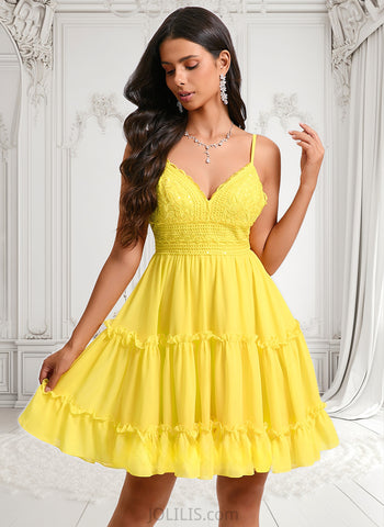 Mariam A-line V-Neck Short Chiffon Homecoming Dress With Ruffle Sequins JLP0025700