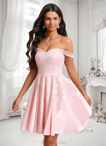 Jayla A-line Off the Shoulder Short Satin Homecoming Dress With Rhinestone Beading Appliques Lace JLP0025679