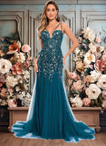 Destiney Trumpet/Mermaid V-Neck Sweep Train Tulle Prom Dresses With Sequins Appliques Lace JLP0025853