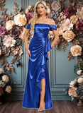 Cristina Trumpet/Mermaid Off the Shoulder Floor-Length Stretch Satin Bridesmaid Dress With Ruffle JLP0025800