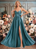 Carlee A-line V-Neck Floor-Length Stretch Satin Bridesmaid Dress JLP0025786