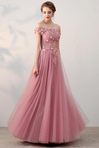 Chic A-Line Off-the-Shoulder Pink Appliques Lace-up Tulle Modest Long Prom Dresses JS410