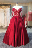 Red Ball Gown Floor Length Off Shoulder Long Sleeve Appliques Vintage Prom Dresses