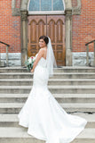 White Trumpet Court Train Sweetheart Spaghetti Satin Wedding Dresses