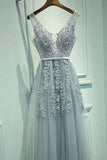 Blush A-Line V-Neck Sleeveless Gray Zipper Appliques Party Dress Prom Dresses JS162