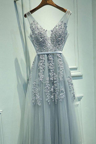 Blush A-Line V-Neck Sleeveless Gray Zipper Appliques Party Dress Prom Dresses JS162