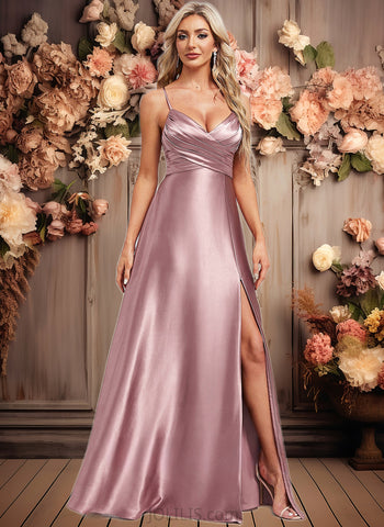 Genesis A-line V-Neck Floor-Length Stretch Satin Bridesmaid Dress JLP0025822