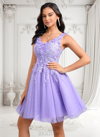 Raquel Ball-Gown/Princess V-Neck Short Lace Tulle Homecoming Dress With Flower JLP0025656