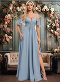 Yvonne A-line Cold Shoulder Floor-Length Chiffon Bridesmaid Dress With Ruffle JLP0025797