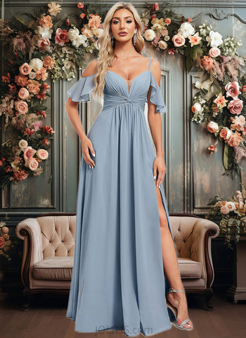 Yvonne A-line Cold Shoulder Floor-Length Chiffon Bridesmaid Dress With Ruffle JLP0025797