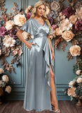 Corinne A-line V-Neck Floor-Length Stretch Satin Bridesmaid Dress With Ruffle JLP0025767