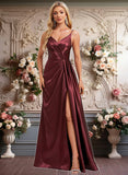 Ellen A-line V-Neck Floor-Length Stretch Satin Bridesmaid Dress With Ruffle JLP0025785