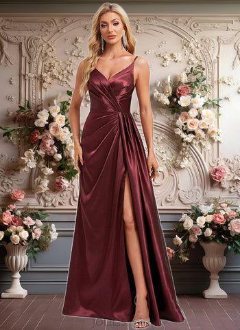 Ellen A-line V-Neck Floor-Length Stretch Satin Bridesmaid Dress With Ruffle JLP0025785