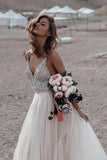 Elegant Spaghetti Straps Backless V Neck Sleeveless With Beaded Wedding Dresses